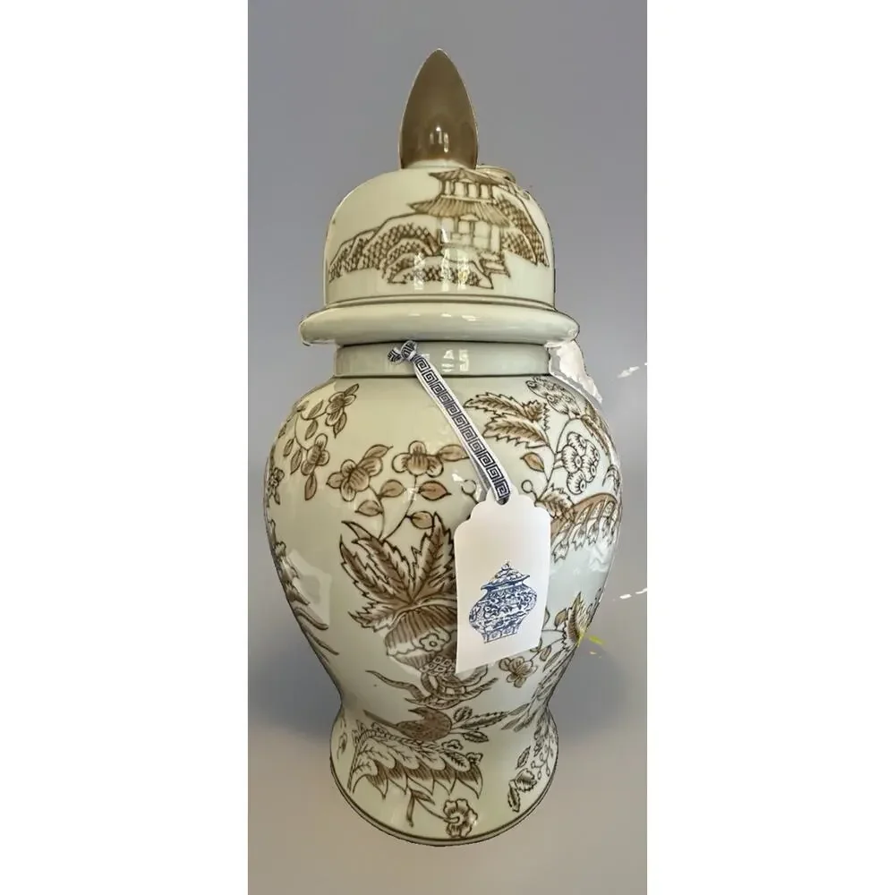 Galt International Brown Floral Parrot Ceramic Ginger Jar 14” Tall Vase Lid NWT